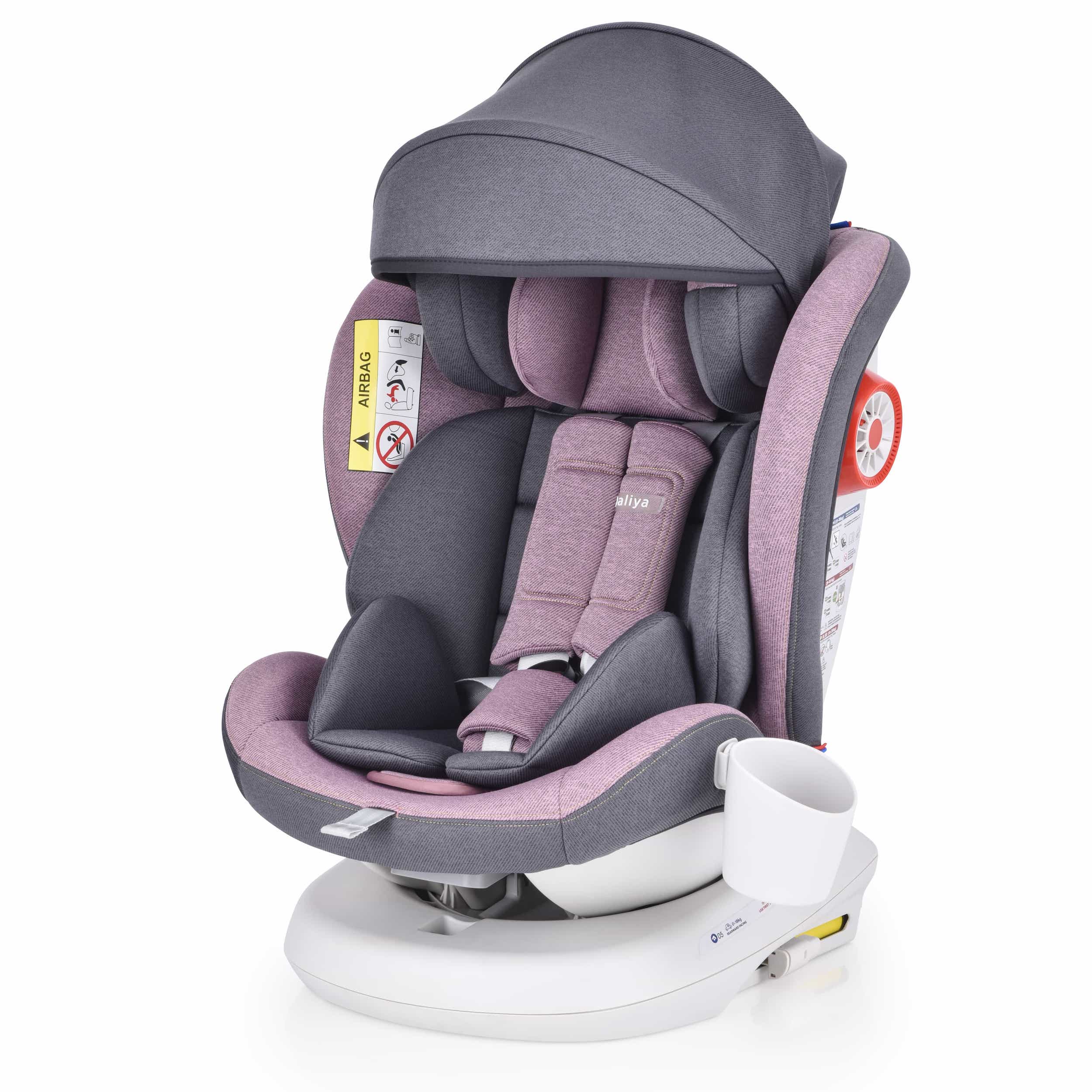 Daliya® Kindersitz ROTAZIONE 0-36 KG mit Isofix, Seitenaufprallschutz  (SIP), Top Tether, 360° Drehung, 5 Punkt Gurt, Getränkehalter,  Sonnenverdeck, Gruppe 0+ / I/II/III (Rosa)