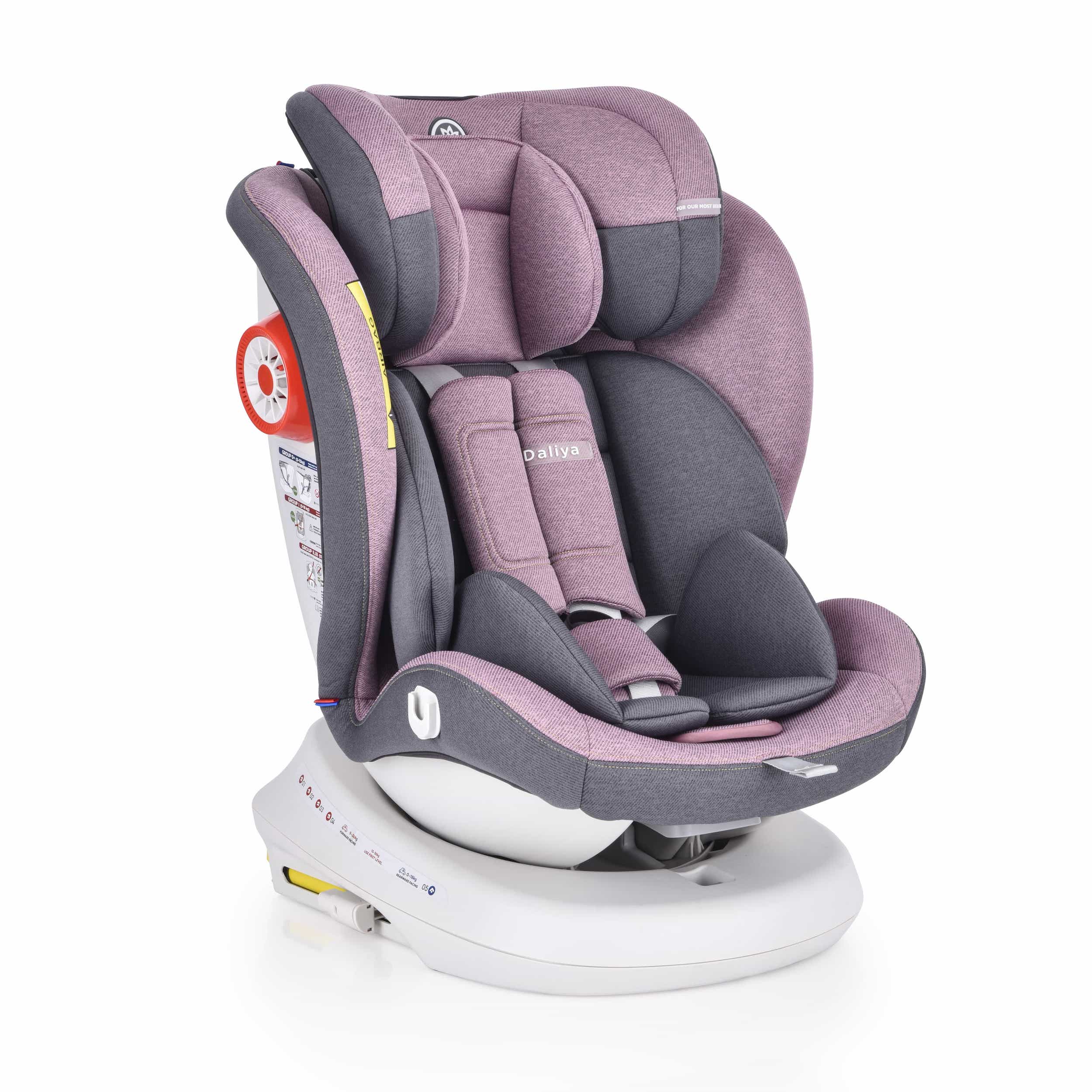 Daliya® Kindersitz ROTAZIONE 0-36 KG mit Isofix, Seitenaufprallschutz  (SIP), Top Tether, 360° Drehung, 5 Punkt Gurt, Getränkehalter,  Sonnenverdeck, Gruppe 0+ / I/II/III (Rosa)