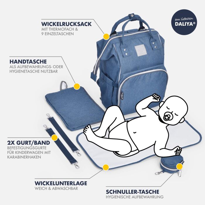 Daliya&reg; PAKMI Wickelrucksack mit Zubeh&ouml;r (Jeansblaul)