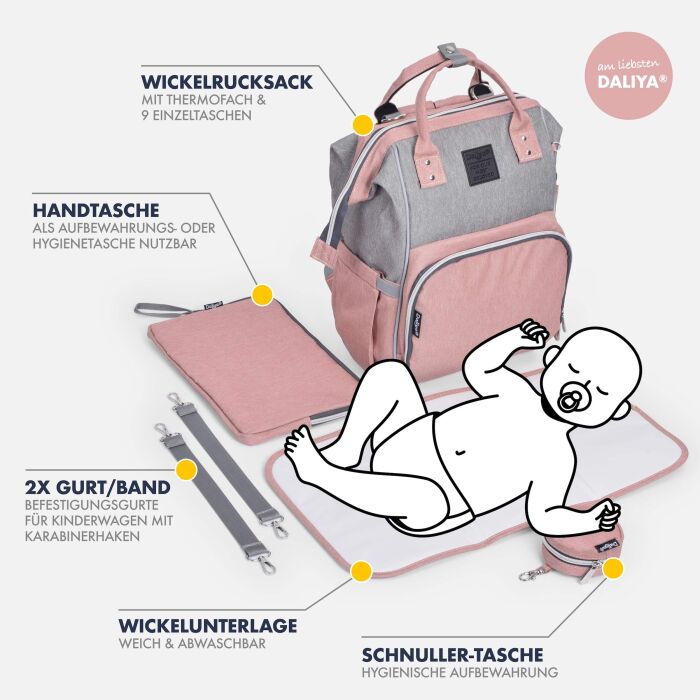 Daliya&reg; PAKMI Wickelrucksack mit Zubeh&ouml;r (Rosa/Grau)