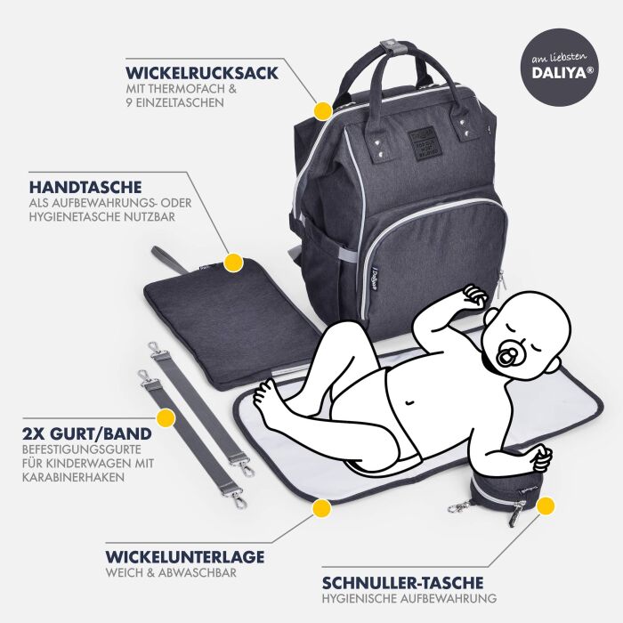 Daliya&reg; PAKMI Wickelrucksack mit Zubeh&ouml;r (Schwarzgrau)