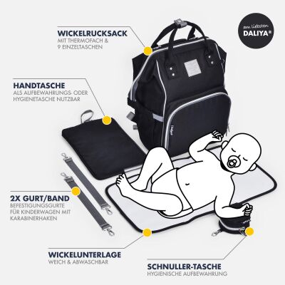 Daliya® PAKMI Wickelrucksack mit Zubehör (Schwarz)