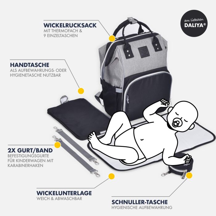 Daliya&reg; PAKMI Wickelrucksack mit Zubeh&ouml;r (Grau/Schwarz)