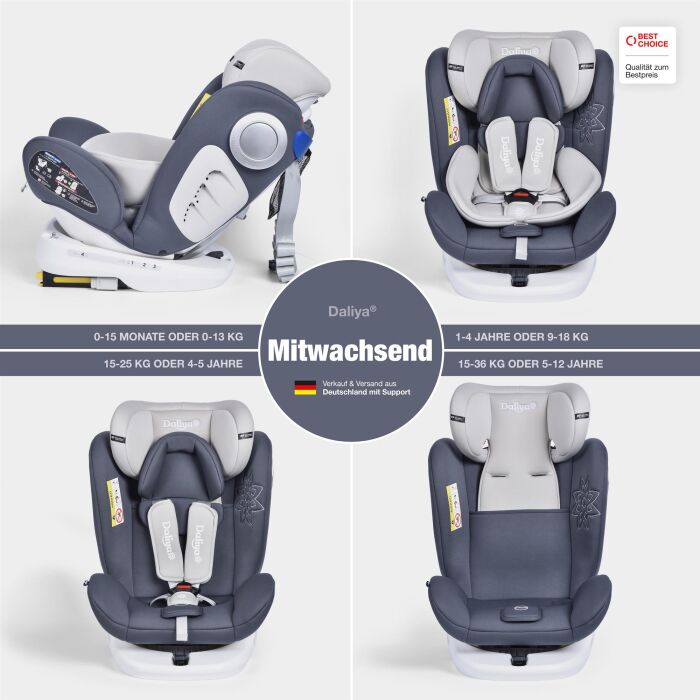 Daliya&reg; Sedion Kinderautositz Isofix SIP 360&deg; 0-36KG Gruppe 0+ / I / II / III - Grau