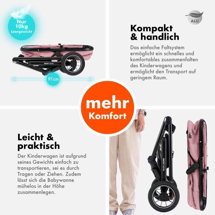 Daliya® FLEXI-PRO 2in1 Kinderwagen & Buggy (Rosa Leinen)