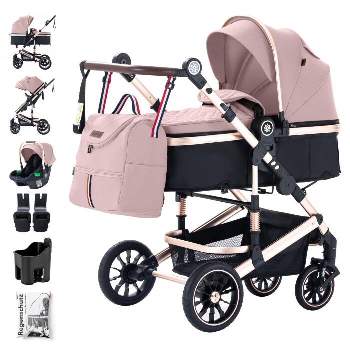 Daliya® NEOMOVE 3in1 Kinderwagen & Buggy (Gold-Rosa)