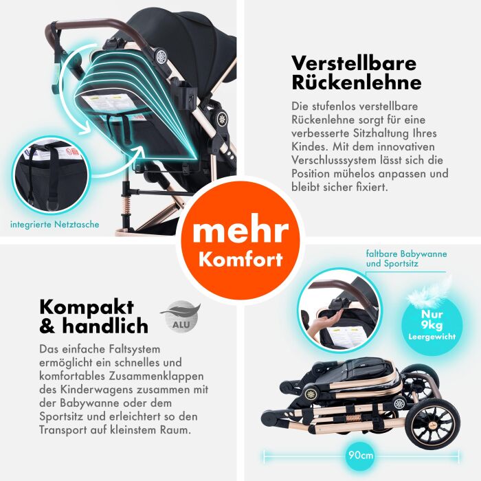 Daliya® NEOMOVE 2in1 Kinderwagen & Buggy (Gold-Schwarz)