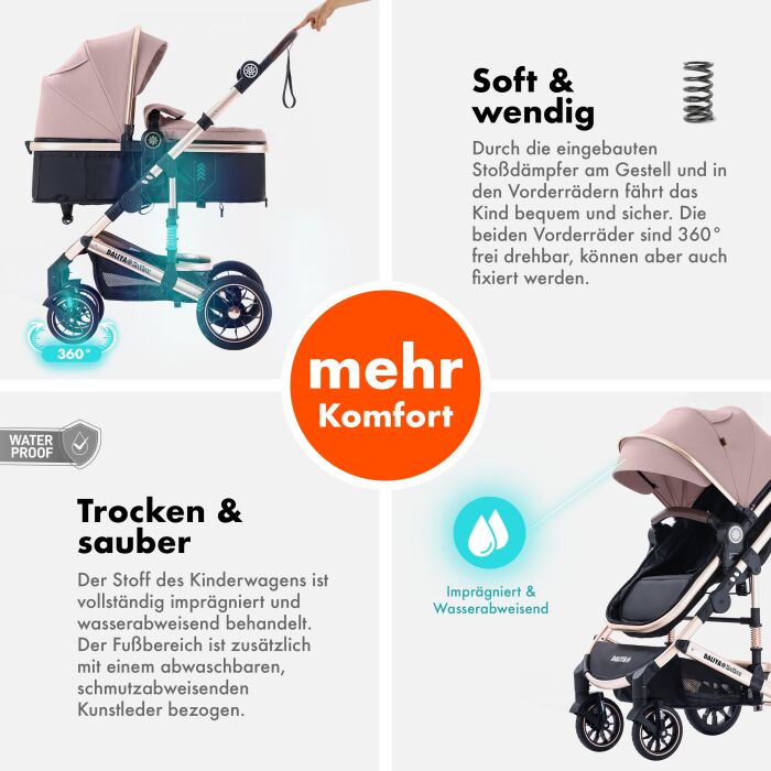 Daliya® NEOMOVE 2in1 Kinderwagen & Buggy (Gold-Rosa)