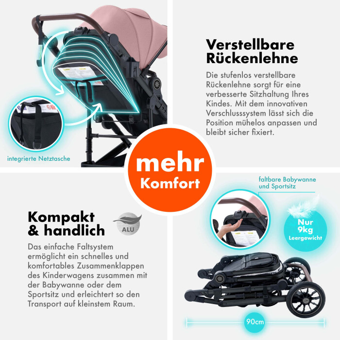 Daliya® NEOMOVE 2in1 Kinderwagen & Buggy (Schwarz-Rosa)