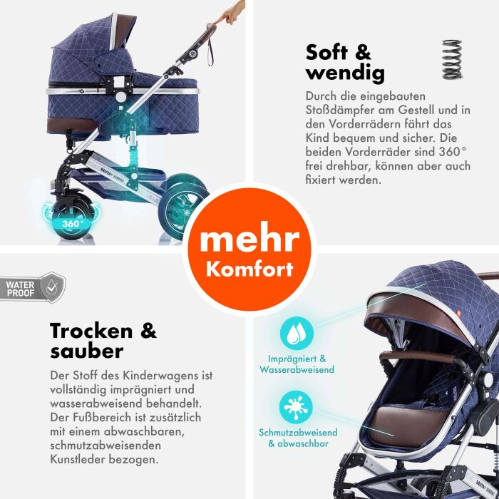 Daliya® BAMBIMO 2in1 Kinderwagen & Buggy (Blau - Silber)