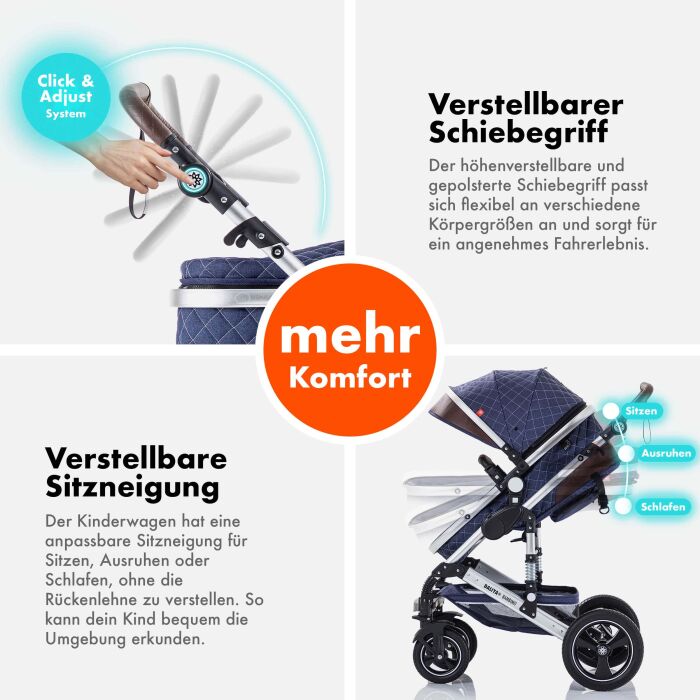 Daliya® BAMBIMO 2in1 Kinderwagen & Buggy (Blau - Silber)