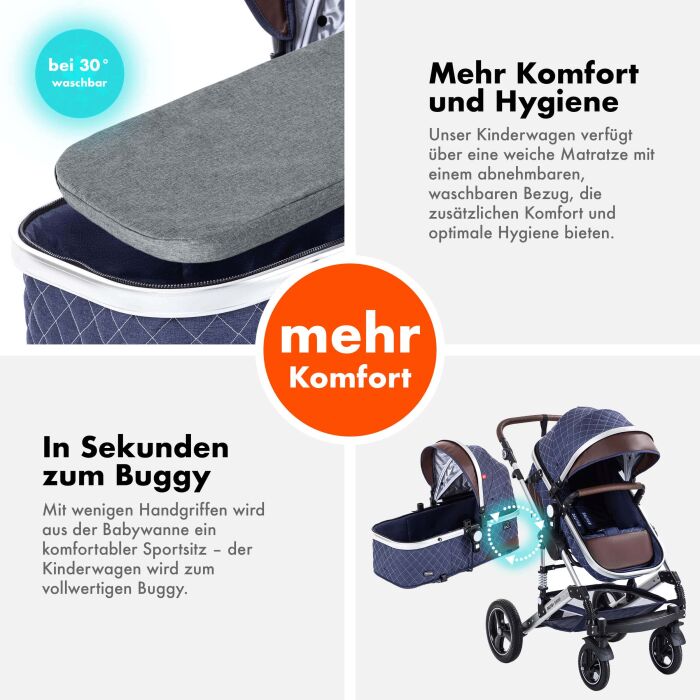 Daliya® BAMBIMO 2in1 Kinderwagen & Buggy (Blau - Silber)