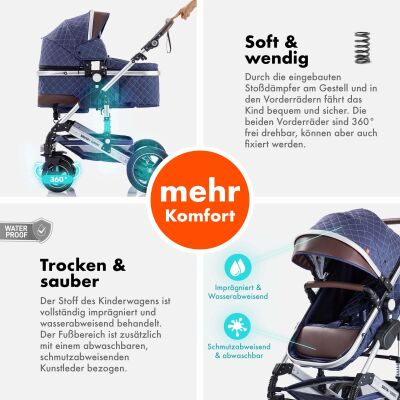 Daliya® BAMBIMO 2in1 Kinderwagen & Buggy (Blau - Silber)