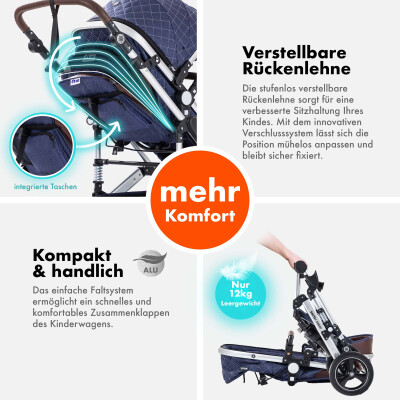 Daliya® BAMBIMO 2in1 Kinderwagen & Buggy (Blau - Silber)