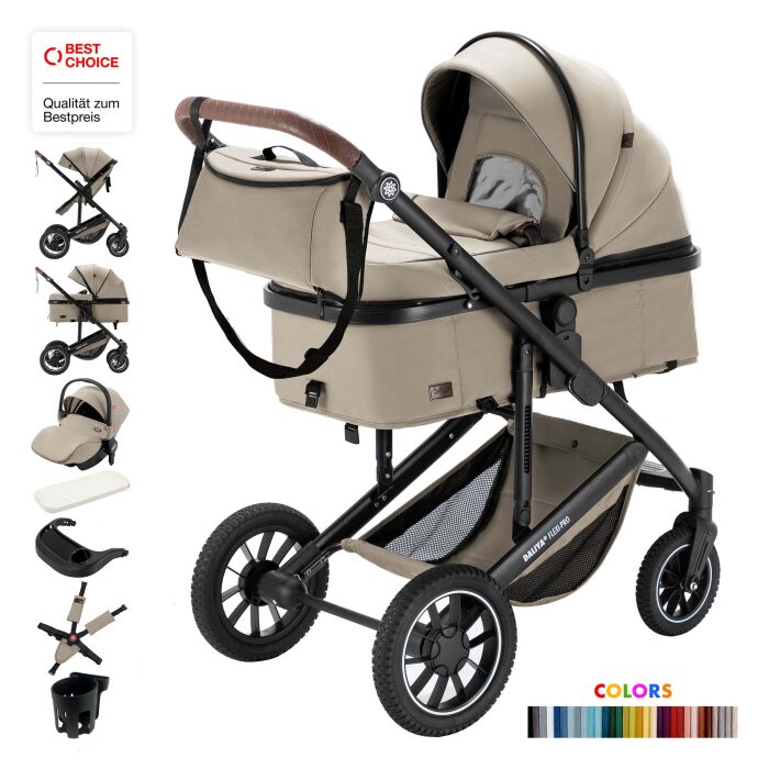 Daliya® FLEXI-PRO M 3in1 Kinderwagen & Buggy mit i-Size Babyschale (Beige Leinen)