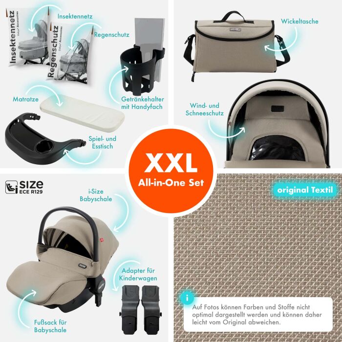 Daliya® FLEXI-PRO M 3in1 Kinderwagen & Buggy mit i-Size Babyschale (Beige Leinen)