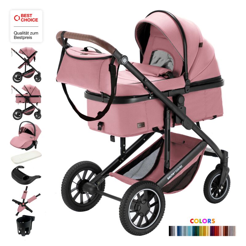 Daliya® FLEXI-PRO M 3in1 Kinderwagen & Buggy mit i-Size Babyschale (Rosa Leinen)