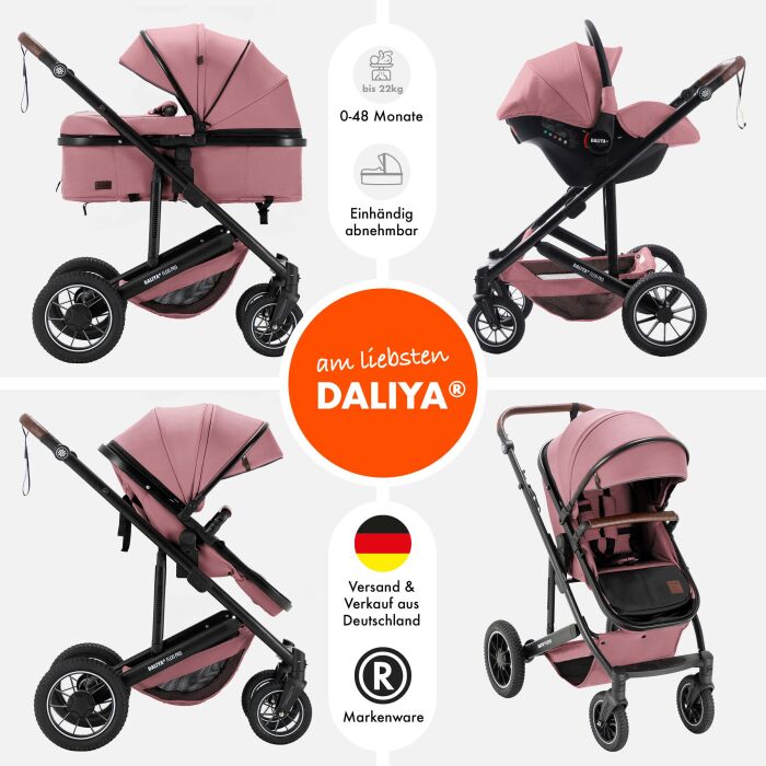 Daliya® FLEXI-PRO M 3in1 Kinderwagen & Buggy mit i-Size Babyschale (Rosa Leinen)