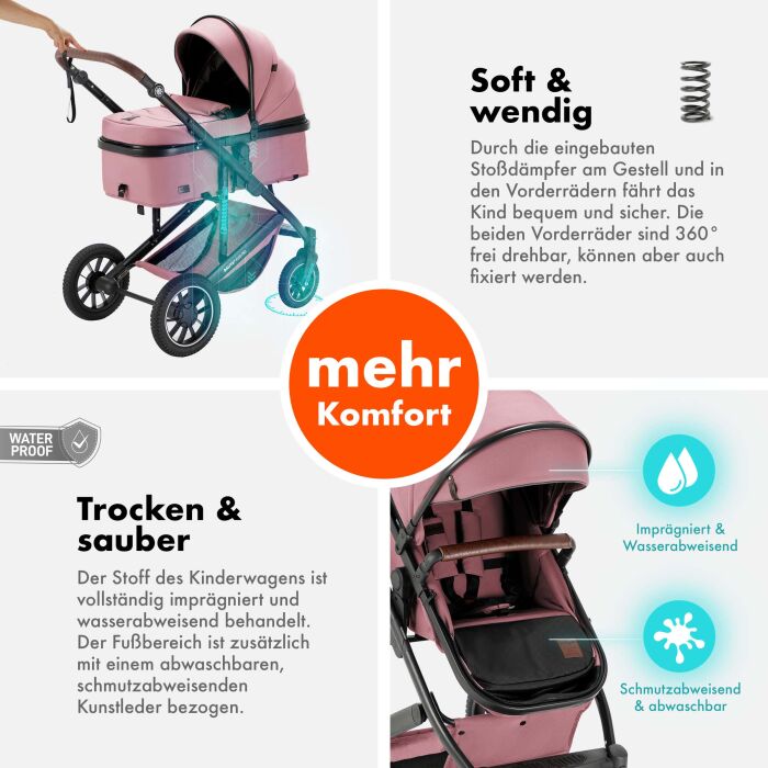 Daliya® FLEXI-PRO M 3in1 Kinderwagen & Buggy mit i-Size Babyschale (Rosa Leinen)