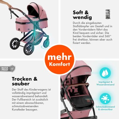 Daliya® FLEXI-PRO M 3in1 Kinderwagen & Buggy mit i-Size Babyschale (Rosa Leinen)