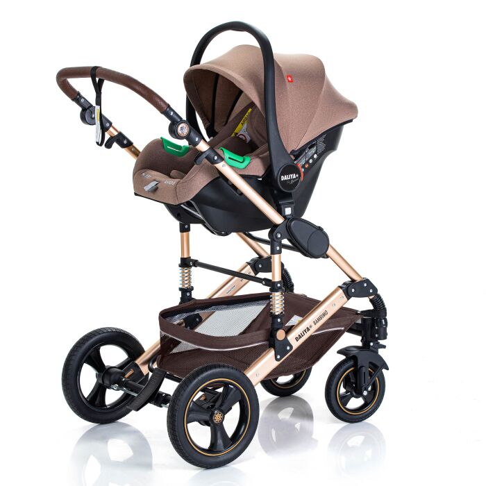 Daliya® BAMBIMO 3in1 Kinderwagen und Buggy mit Auto-Babyschale, XXL-Set (Braun - Gold)