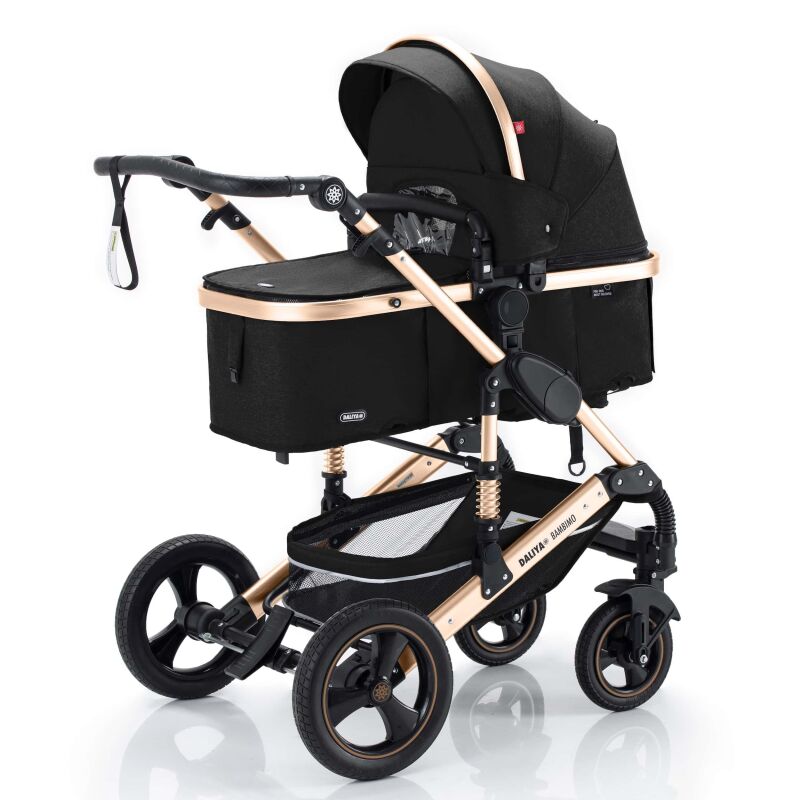 Daliya® BAMBIMO 3in1 Kinderwagen und Buggy mit Auto-Babyschale, XXL-Set (Schwarz - Gold)