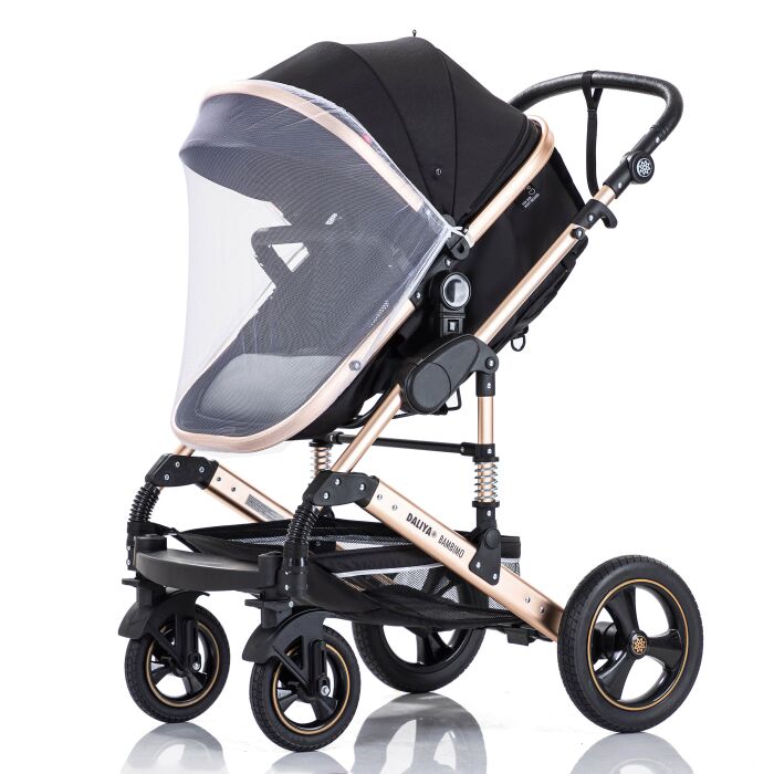 Daliya® BAMBIMO 3in1 Kinderwagen und Buggy mit Auto-Babyschale, XXL-Set (Schwarz - Gold)