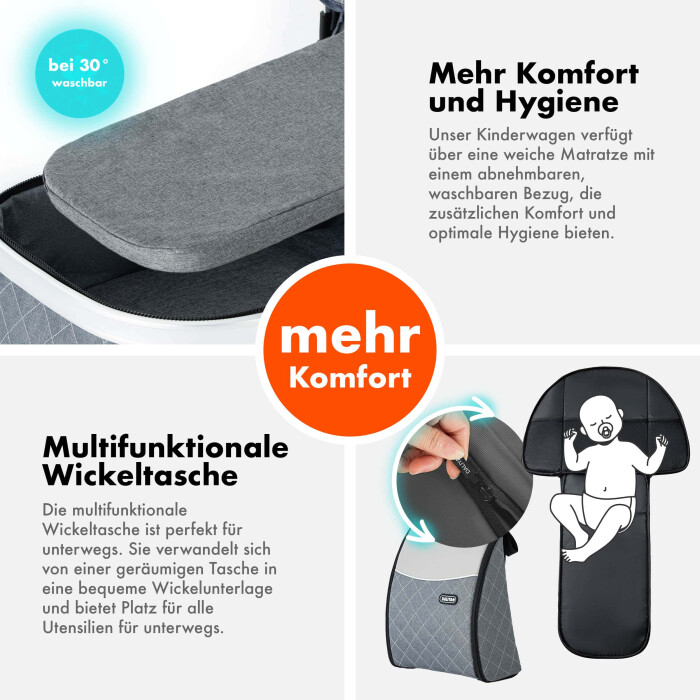Daliya® BAMBIMO 3in1 Kinderwagen und Buggy mit Auto-Babyschale, XXL-Set (Schwarz - Gold)