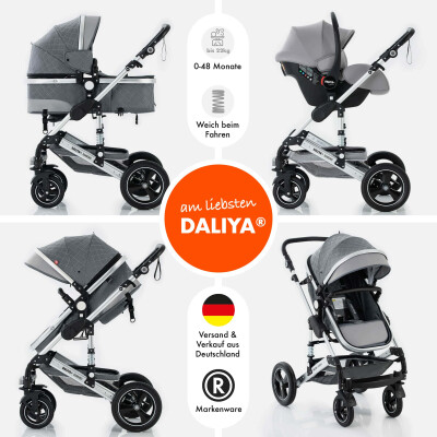Daliya® BAMBIMO 3in1 Kinderwagen und Buggy mit Auto-Babyschale, XXL-Set (Schwarz - Gold)