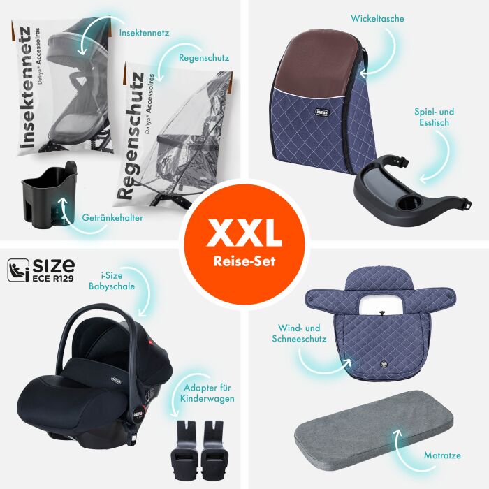 Daliya® BAMBIMO 3in1 Kinderwagen und Buggy mit Auto-Babyschale, XXL-Set (Blau - Silber)