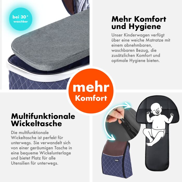 Daliya® BAMBIMO 3in1 Kinderwagen und Buggy mit Auto-Babyschale, XXL-Set (Blau - Silber)