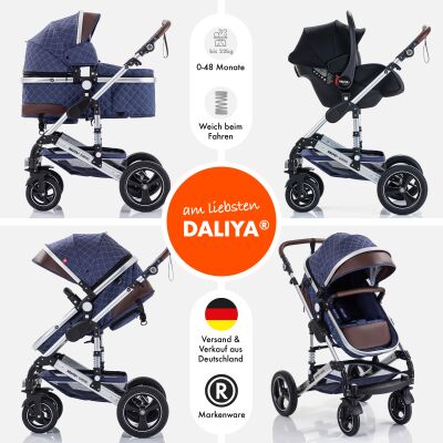 Daliya® BAMBIMO 3in1 Kinderwagen und Buggy mit Auto-Babyschale, XXL-Set (Blau - Silber)