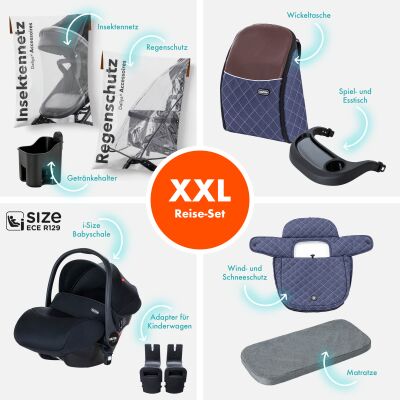 Daliya® BAMBIMO 3in1 Kinderwagen und Buggy mit Auto-Babyschale, XXL-Set (Blau - Silber)