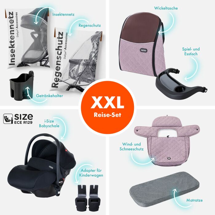 Daliya® BAMBIMO 3in1 Kinderwagen und Buggy mit Auto-Babyschale, XXL-Set (Rose - Gold)