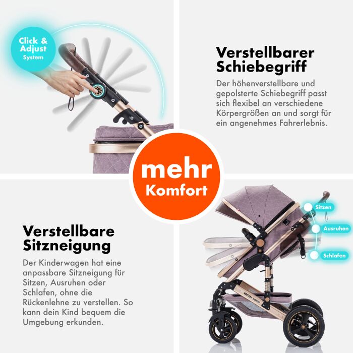 Daliya® BAMBIMO 3in1 Kinderwagen und Buggy mit Auto-Babyschale, XXL-Set (Rose - Gold)