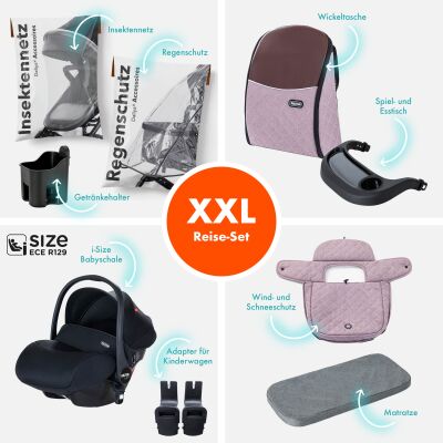 Daliya® BAMBIMO 3in1 Kinderwagen und Buggy mit Auto-Babyschale, XXL-Set (Rose - Gold)