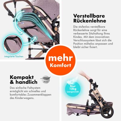 Daliya® BAMBIMO 3in1 Kinderwagen und Buggy mit Auto-Babyschale, XXL-Set (Rose - Gold)