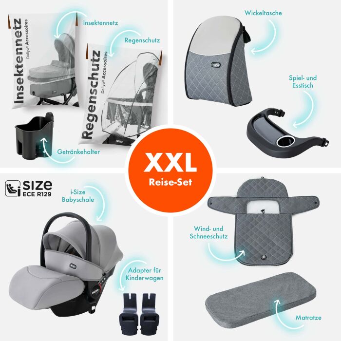 Daliya® BAMBIMO 3in1 Kinderwagen und Buggy mit Auto-Babyschale, XXL-Set (Grau - Silber)