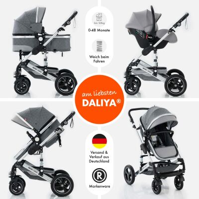 Daliya® BAMBIMO 3in1 Kinderwagen und Buggy mit Auto-Babyschale, XXL-Set (Grau - Silber)