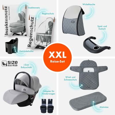 Daliya® BAMBIMO 3in1 Kinderwagen und Buggy mit Auto-Babyschale, XXL-Set (Grau - Silber)
