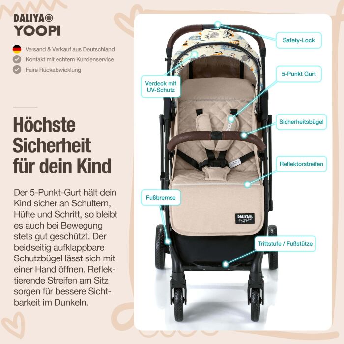 Daliya® YOOPI Reisebuggy, kompakt faltbar, mit Teleskopgriff, Flugzeug Buggy