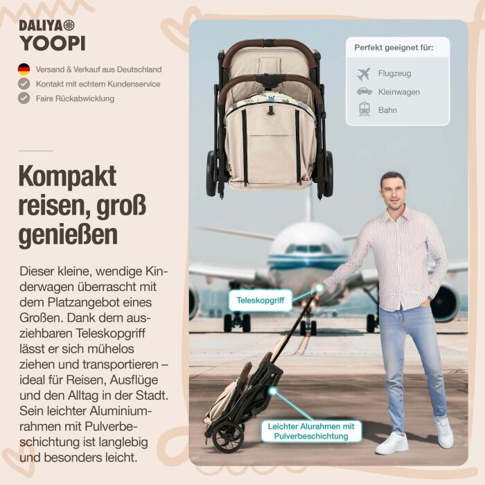 Daliya® YOOPI Reisebuggy, kompakt faltbar, mit Teleskopgriff, Flugzeug Buggy