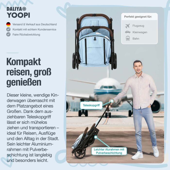 Daliya® YOOPI Reisebuggy, kompakt faltbar, mit Teleskopgriff, Flugzeug Buggy
