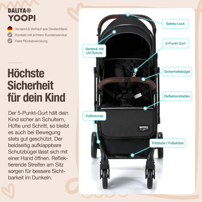 Daliya® YOOPI Reisebuggy, kompakt faltbar, mit Teleskopgriff, Flugzeug Buggy