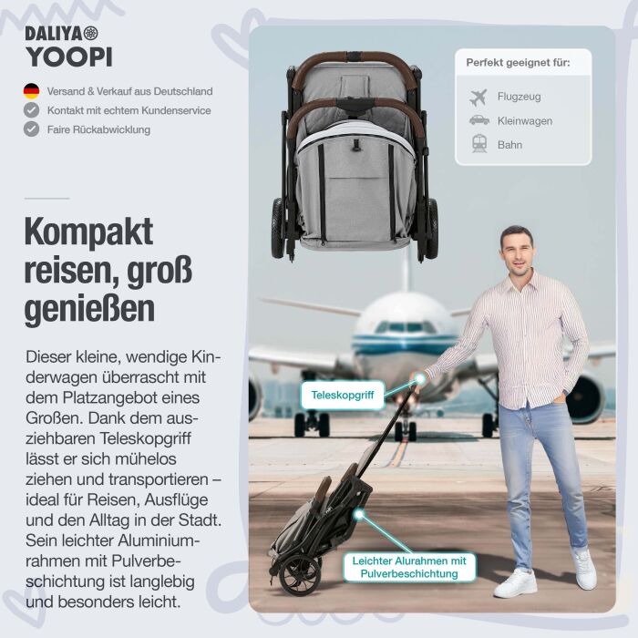 Daliya® YOOPI Reisebuggy, kompakt faltbar, mit Teleskopgriff, Flugzeug Buggy