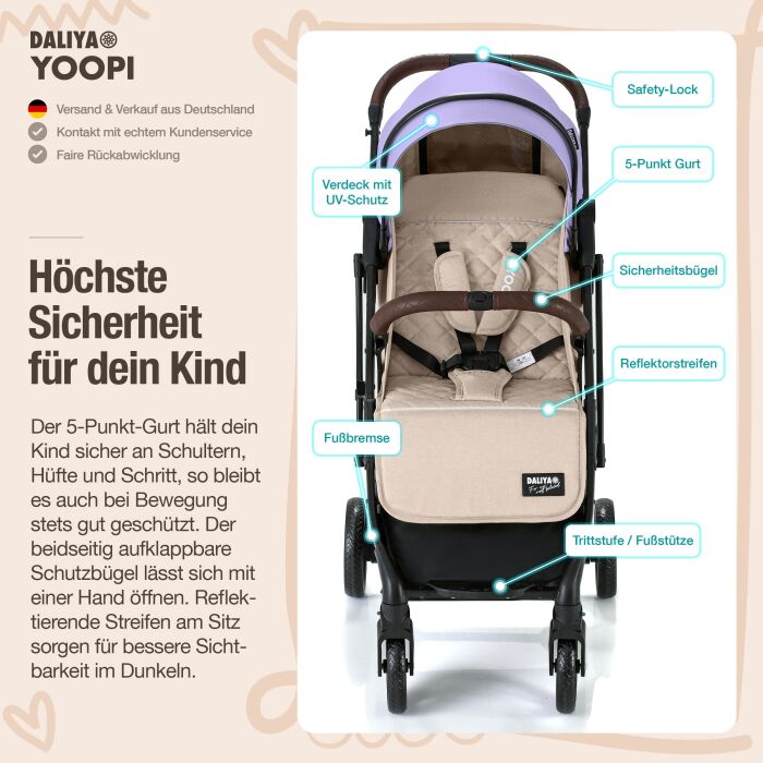 Daliya® YOOPI Reisebuggy, kompakt faltbar, mit Teleskopgriff, Flugzeug Buggy
