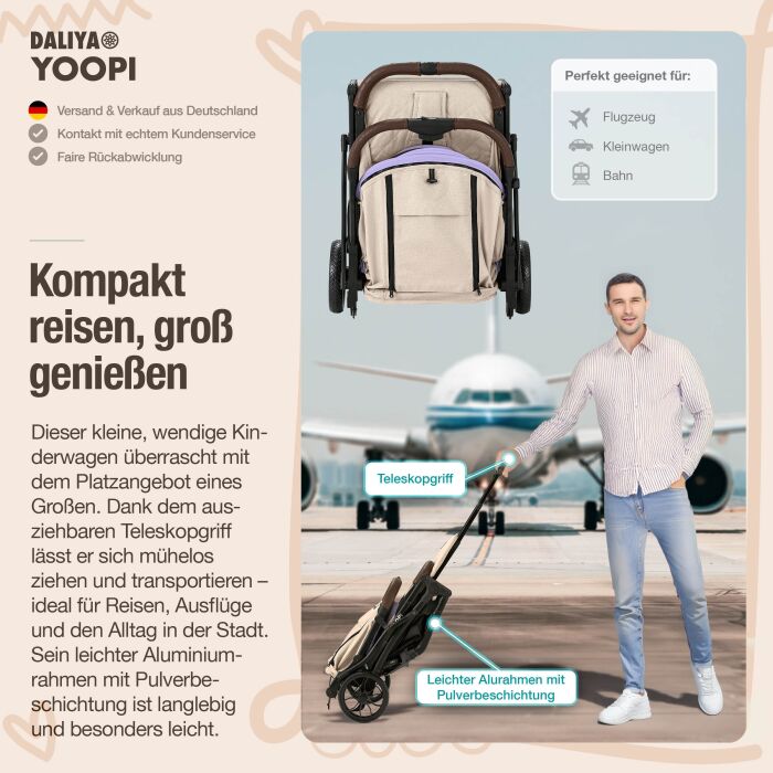 Daliya® YOOPI Reisebuggy, kompakt faltbar, mit Teleskopgriff, Flugzeug Buggy